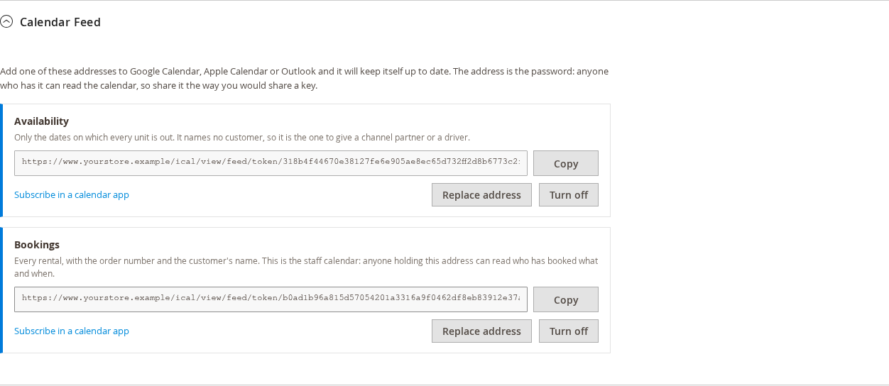 Calendar Feed section of a product with an Availability address and a Bookings address, each with Copy, Replace address and Turn off buttons and a Subscribe in a calendar app link