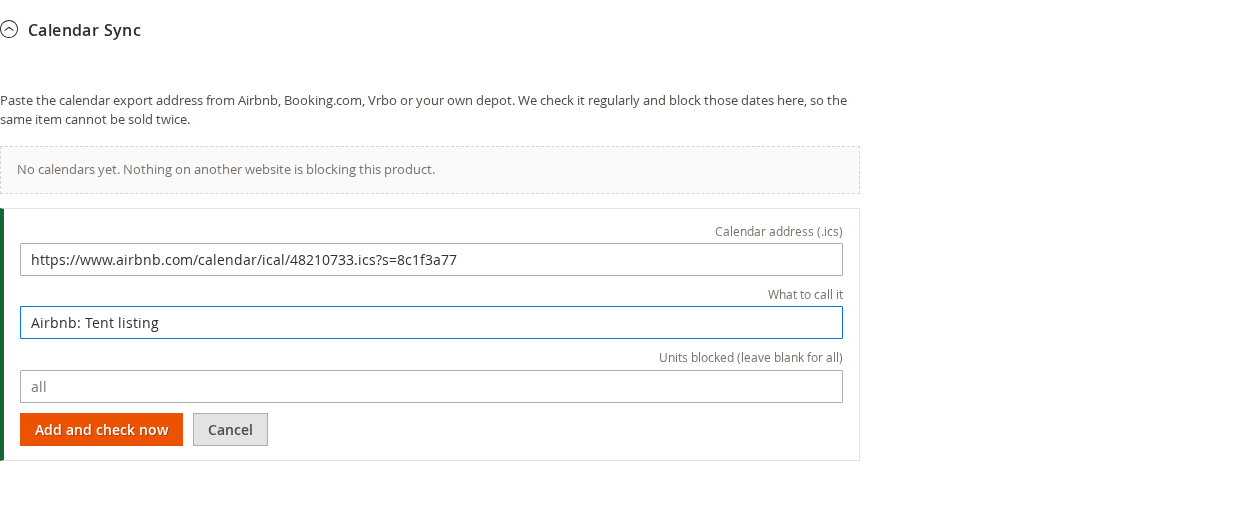 Calendar Sync section with the Add a calendar form open showing the calendar address, a name and the Units blocked field