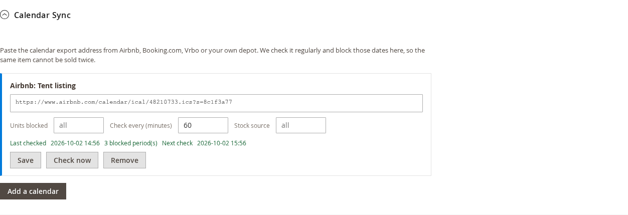 Calendar Sync section listing the Airbnb calendar with units blocked, the check interval, the last check time, three blocked periods and Save, Check now and Remove buttons