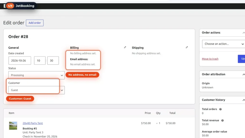 WooCommerce order made from JetBooking in the admin with customer Guest and no billing address or email