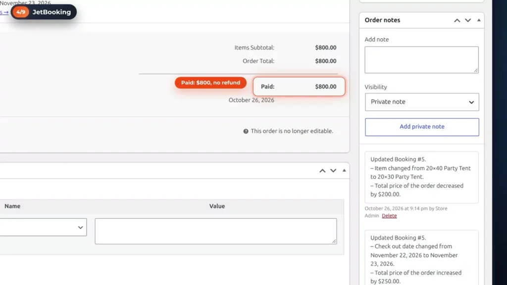 JetBooking order at 0 marked paid, with order notes for the swap to the 20x30 party tent and the date change