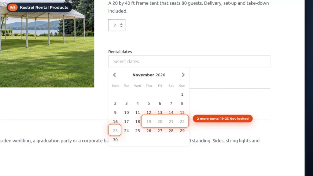 Kestrel product page calendar with 19 to 23 November locked when two more tents are requested