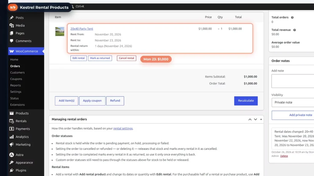 WooCommerce order with a Kestrel rental from 20 to 23 November re-priced to ,000