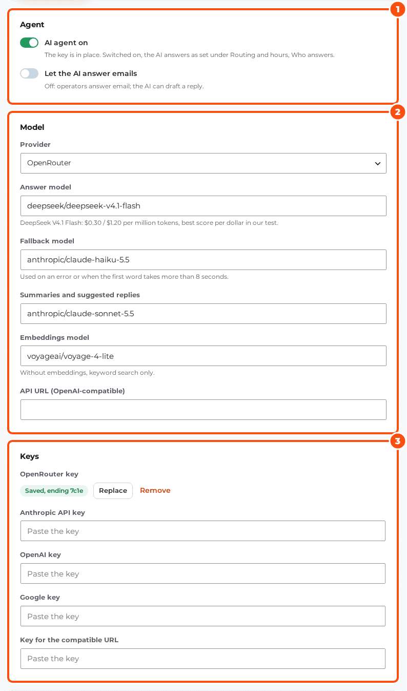 The AI agent settings with the Agent card (AI agent on, Let the AI answer emails), the Model card (provider OpenRouter, answer model, fallback model, summaries model, embeddings model and API URL) and the Keys card with a saved OpenRouter key
