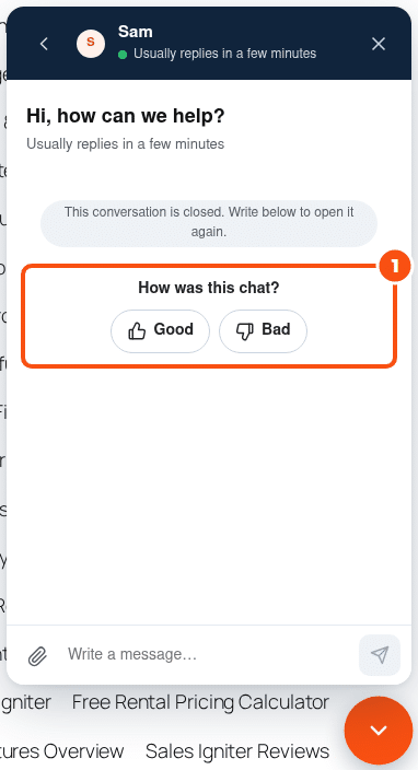 The chat widget after the chat was resolved, asking How was this chat? with Good and Bad buttons