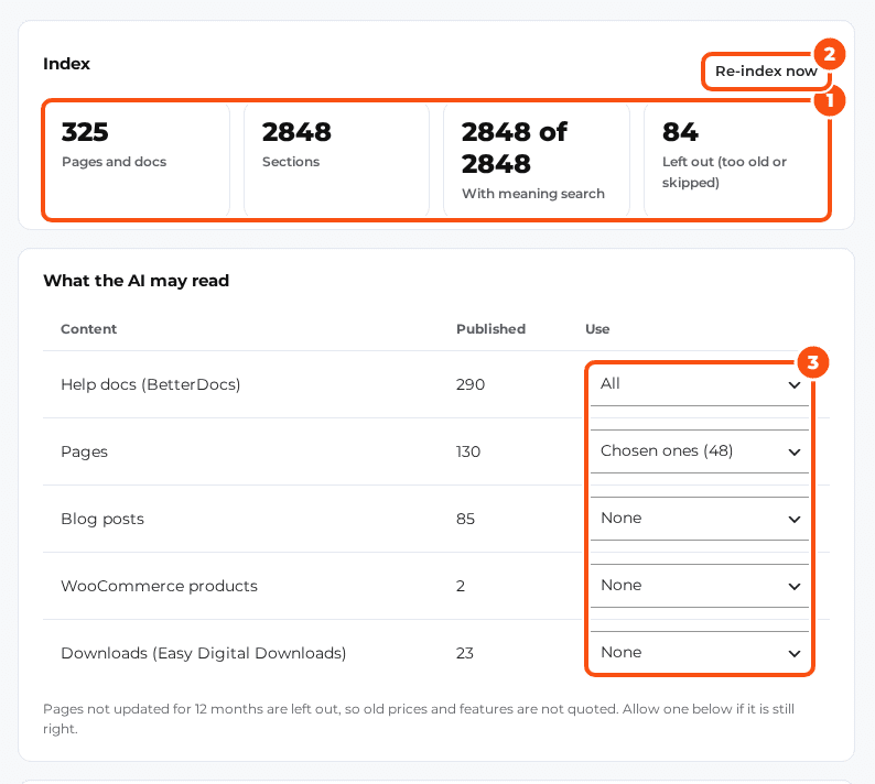The Knowledge tab with the index tiles (pages and docs, sections, meaning search, left out), the Re-index now button, and a Use dropdown for each content type: help docs, pages, blog posts, WooCommerce products and EDD downloads