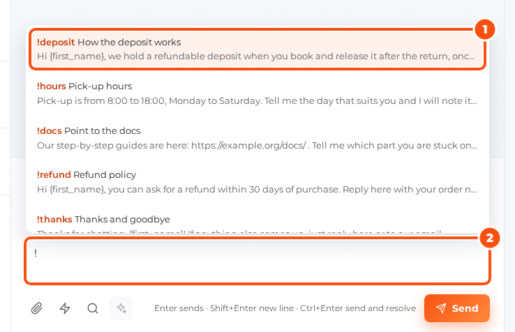 The reply box with an exclamation mark typed and the saved replies picker open above it, listing How the deposit works and other saved replies, each with its shortcut