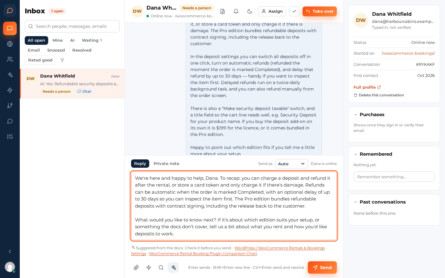A conversation in the inbox marked Needs a person, with the Take over button and a reply suggested from the docs in the reply box, with links to its sources