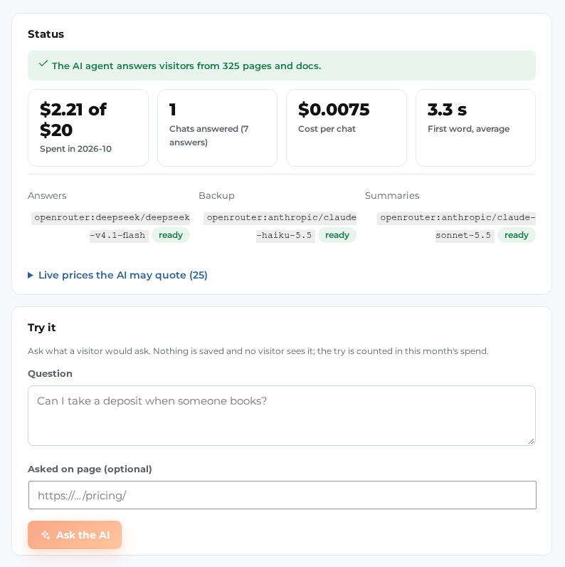 The top of the AI agent tab: this month’s spend against the monthly budget, chats answered, cost per chat and time to the first word, the three models marked ready, and the Try it card