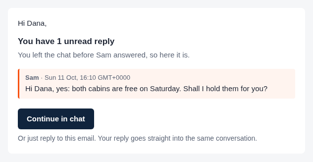 The email a visitor gets for an unread reply: You have 1 unread reply, the operator’s message, the Continue in chat button and the line Or just reply to this email