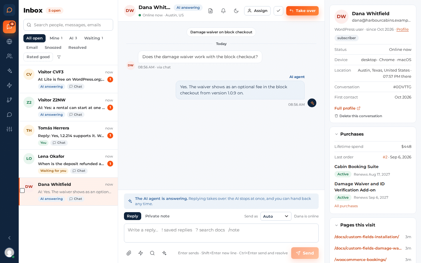 The live chat inbox of a demo cabin rental site: open chats on the left, most of them answered by the AI agent and one waiting for a person, a chat in the middle where the AI has answered a question about the damage waiver with the Take over button above it, and the customer’s profile on the right with her location, her purchases and the pages she viewed