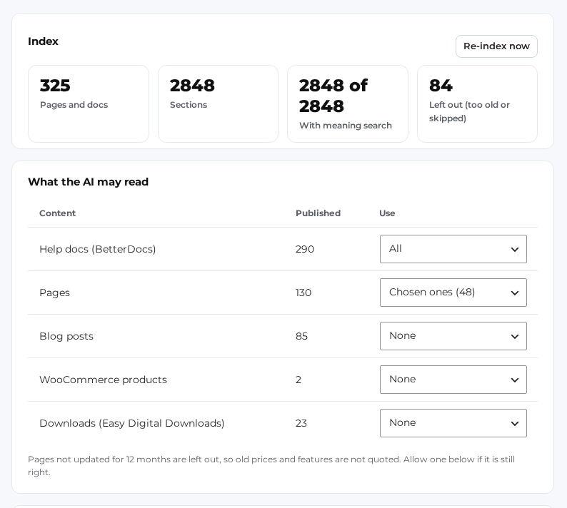 The Knowledge tab with the index tiles for pages and docs, sections, meaning search and pages left out, the Re-index now button, and a Use choice for help docs, pages, blog posts, WooCommerce products and downloads
