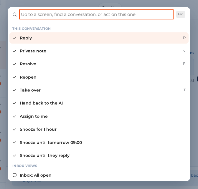 The command palette over the inbox with a search box and the actions for the open chat: reply, private note, resolve, take over, hand back to the AI, assign to me and snooze