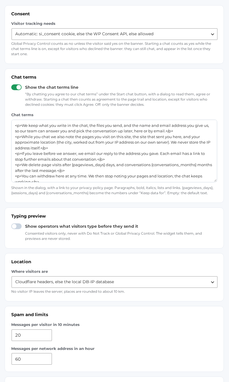 Settings, Privacy with the consent mode for visitor tracking, the chat terms line and its text, the typing preview and the location source