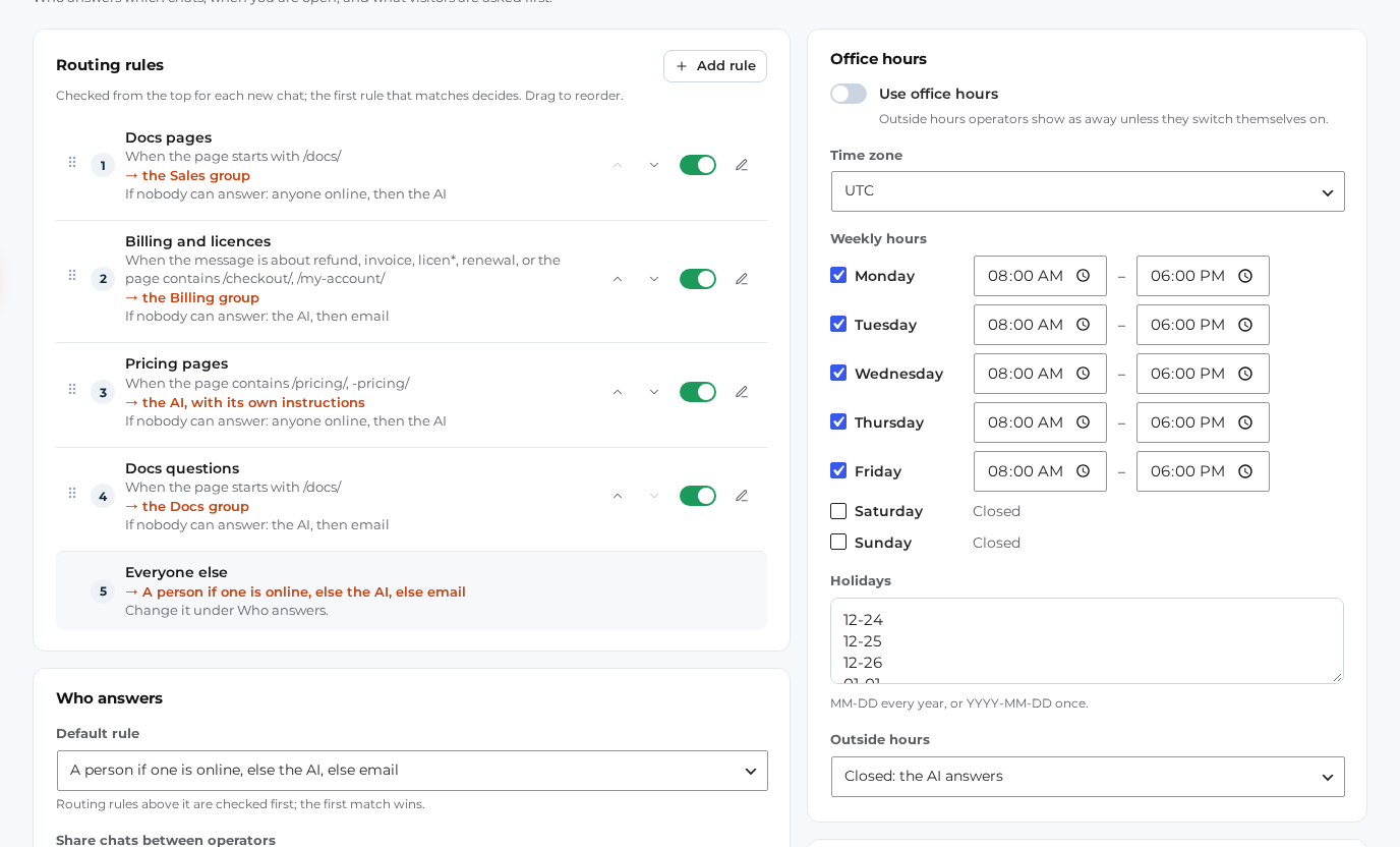 The Routing and hours screen with routing rules for docs pages, billing and licences, pricing pages and docs questions, the Everyone else rule, and the office hours with weekly hours and holidays