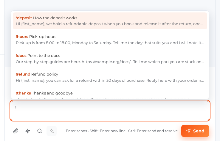 The reply box with an exclamation mark typed and the saved replies picker open above it, listing saved replies with their shortcuts
