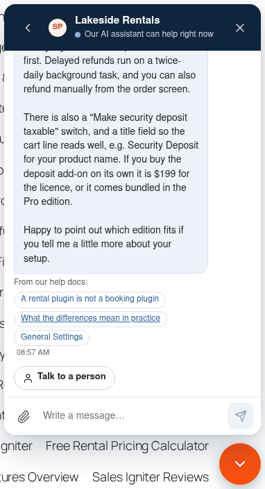 The chat widget with the header Our AI assistant can help right now, a visitor’s question about the deposit, the AI’s answer with the line From our help docs and two links to the docs it used, and the Talk to a person button