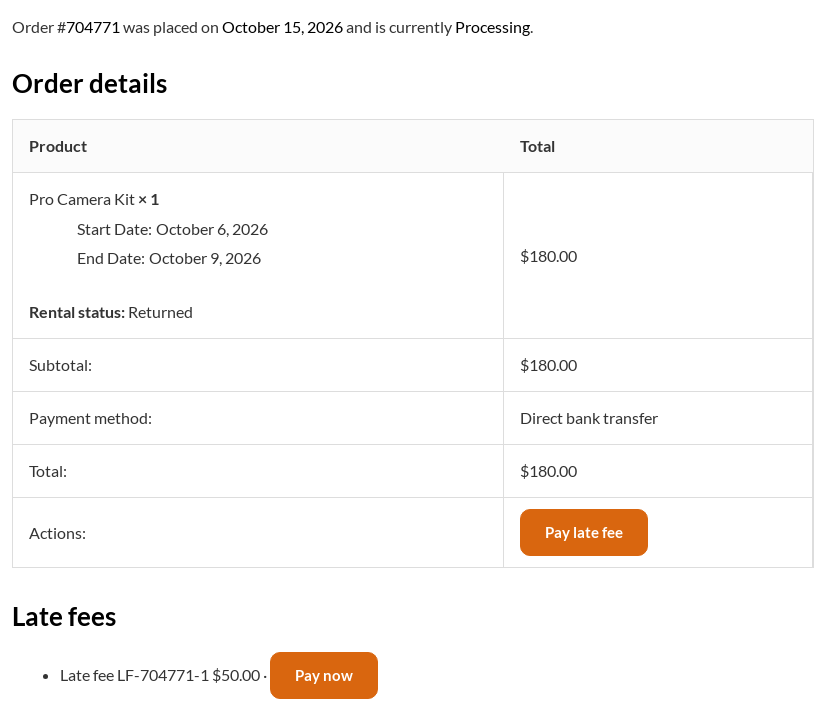 The customer's order page in My Account with the Late fees section and its Pay now button.