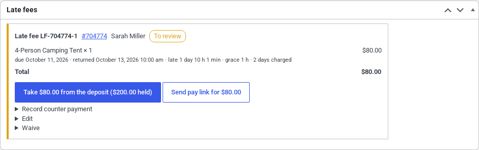 The Late fees box on an order: a late fee to review with its line and the buttons to take it from the deposit or send a pay link.