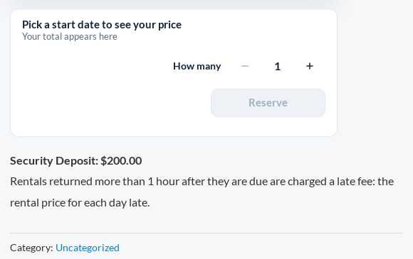 A rental product page with the late-fee policy sentence under the Add to cart button.