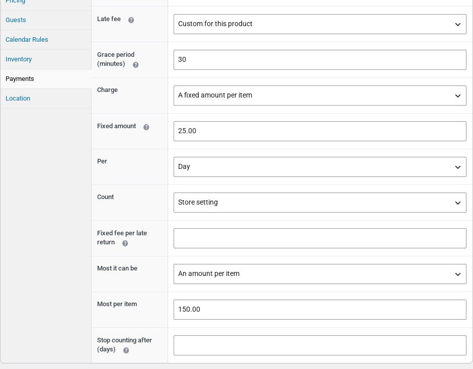 The Late fee field on a product's Payments tab set to Custom for this product, with its own grace period, fixed amount and limit.
