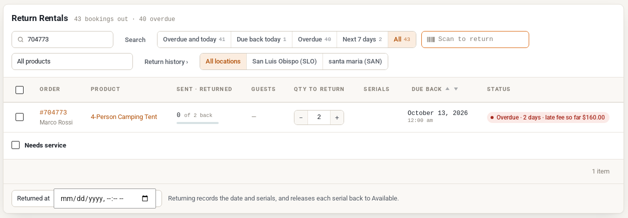 The Return screen with a rental still out, its Overdue status showing the late fee so far, and the Returned at field.