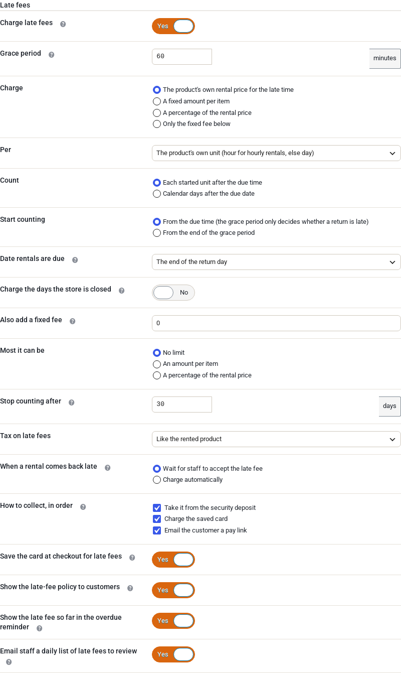 The Late fees tab under Rentals, Settings, with Charge late fees switched on and the default settings.