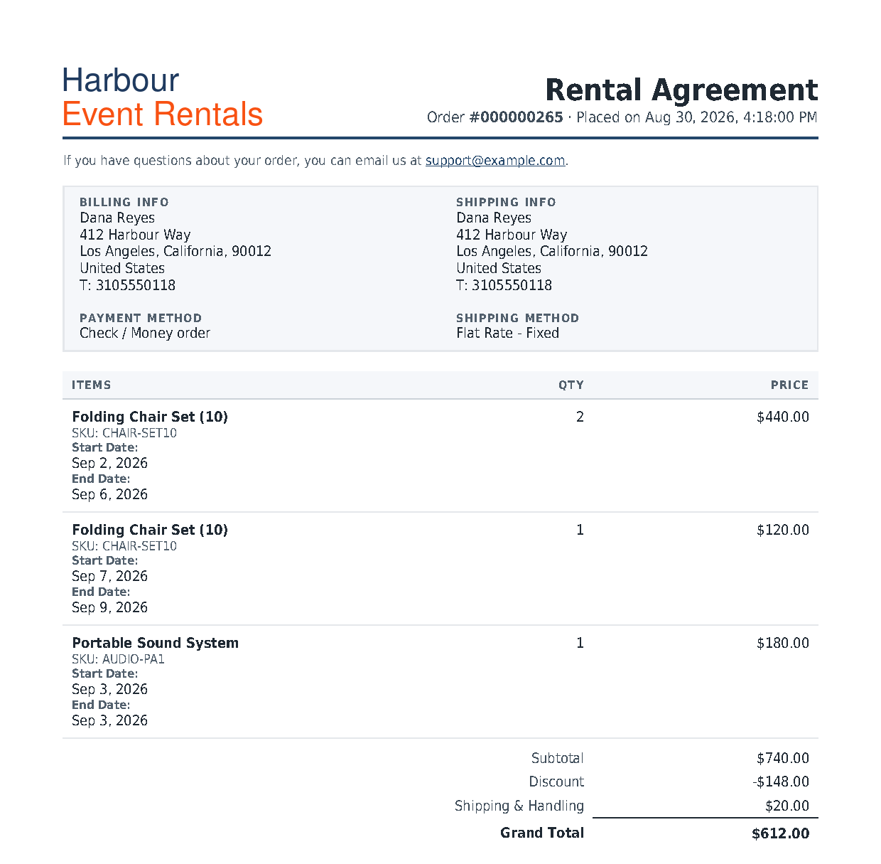 First page of the signed rental contract PDF: store logo and contract title, order number and date, billing and shipping details in a shaded panel, and the rented items with their start and end dates