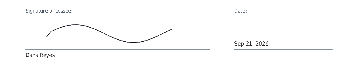 Signature block at the end of the signed rental contract PDF: Signature of Lessee with the customer's drawn signature above the printed name, and the date signed