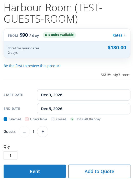 Harbour Room product page on Luma with a Guests picker: a minus button, 1, and a plus button, above the quantity box