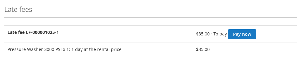 Late fees block with Pay now on the customer order page in My Account