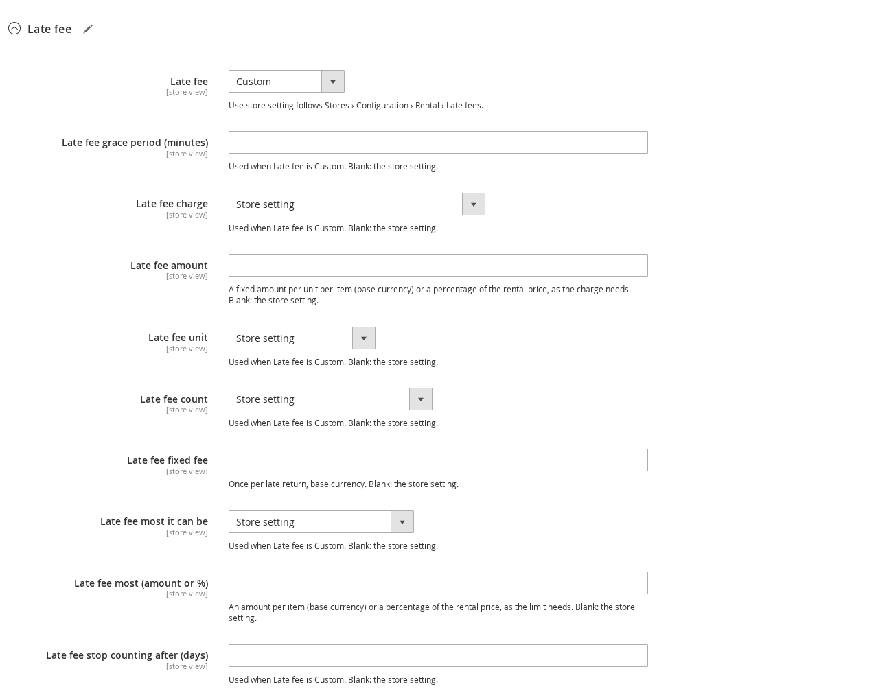Late fee section on the product Rental tab with Late fee set to Custom
