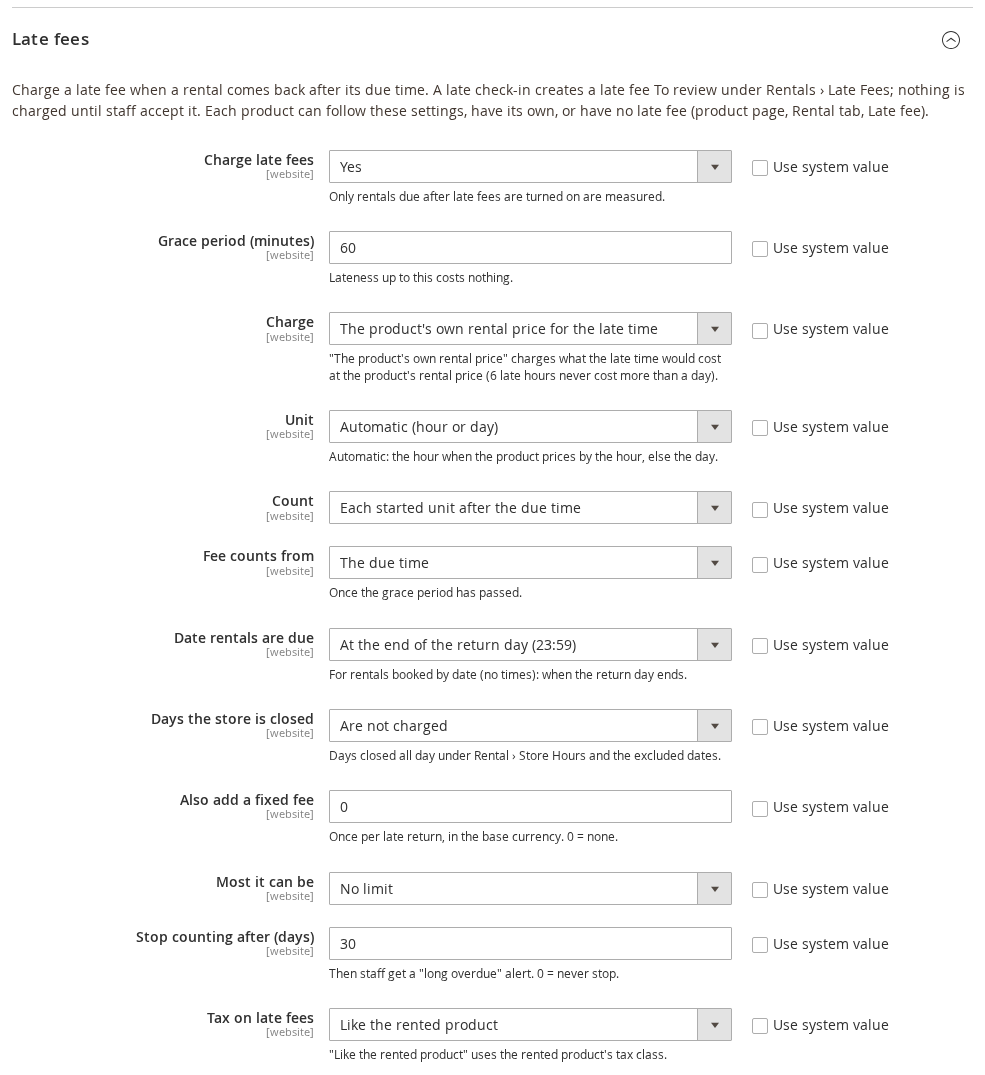 Late fees settings in Stores > Configuration > Sales Igniter > Rental