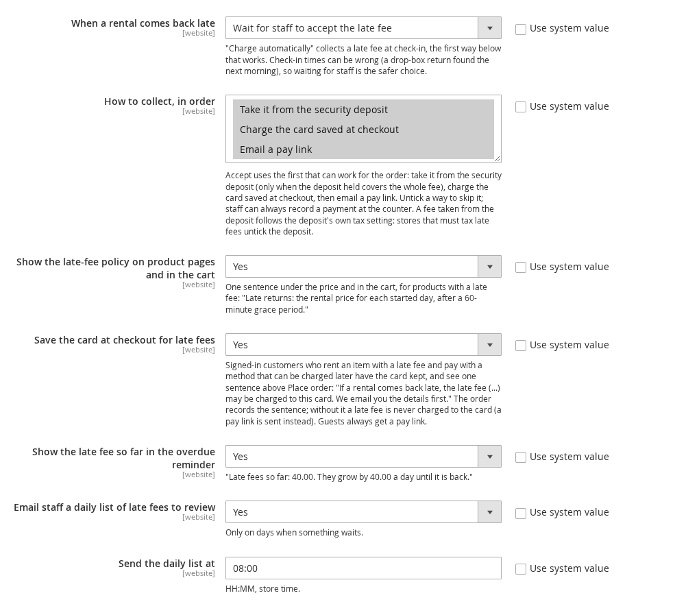 Late fee collection settings: when a rental comes back late, how to collect, policy and saved card