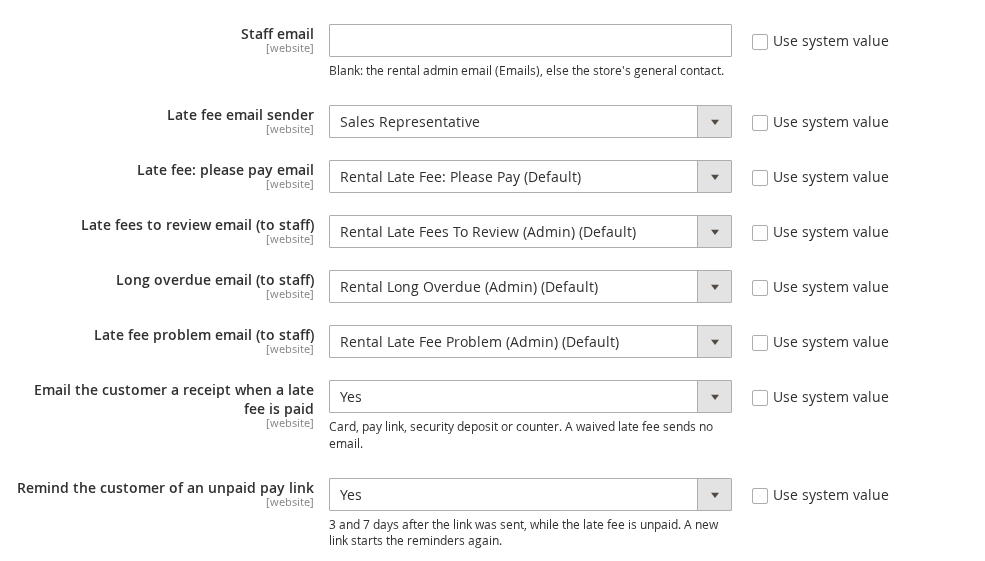Late fee email settings: staff email, sender, templates, receipt and unpaid reminders