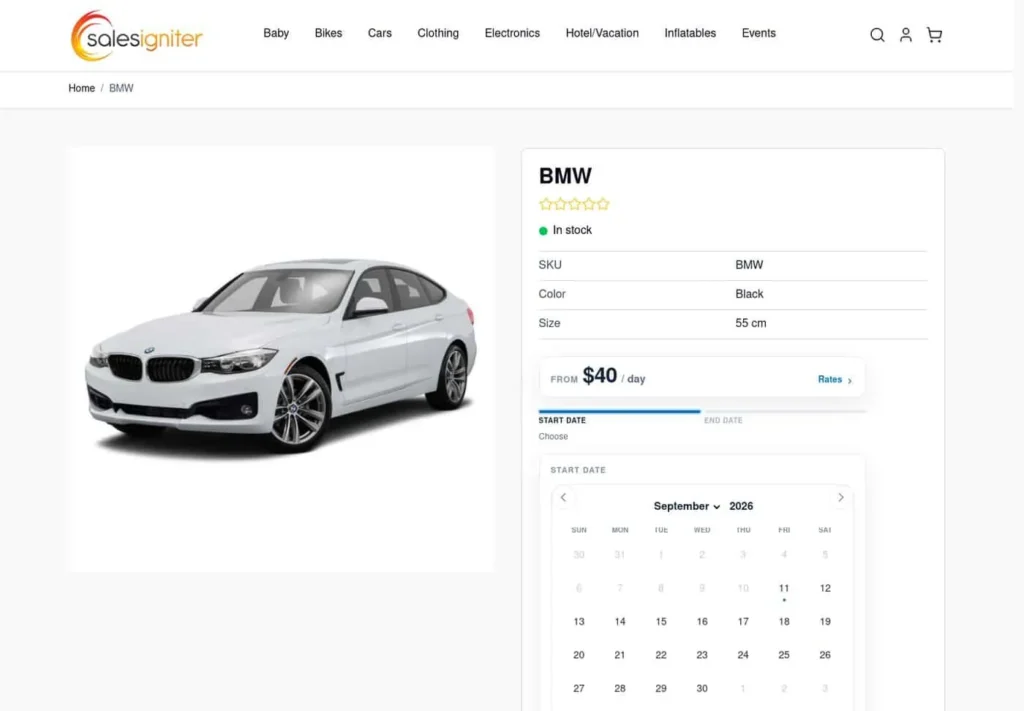 A Hyvä product page for a car rented by the day, with the start date calendar open