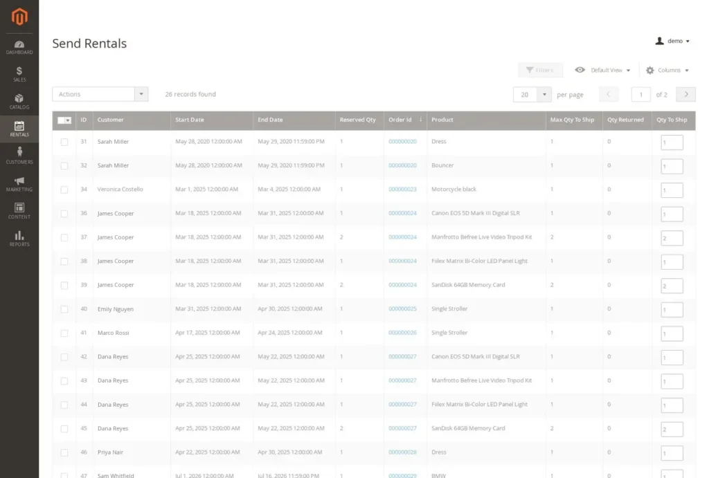 Magento Send Rentals grid with each order line, its dates and the quantity to ship