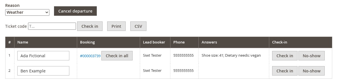 A manifest table with Name, Booking, Lead booker, Phone, Answers and Check-in columns; the Answers column reads Shoe size: 41; Dietary needs: vegan