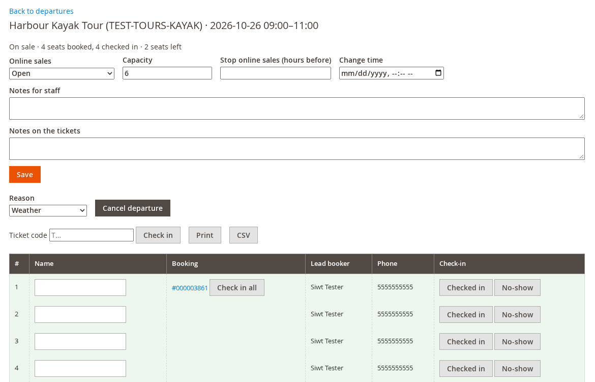 A departure manifest: online sales, capacity, notes, Cancel departure, a ticket code box with Check in, Print and CSV buttons, and the first row of guests with Check in all
