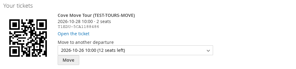 My Account order page: Your tickets with a QR code and ticket code, and Move to another departure with a list of departures and a Move button