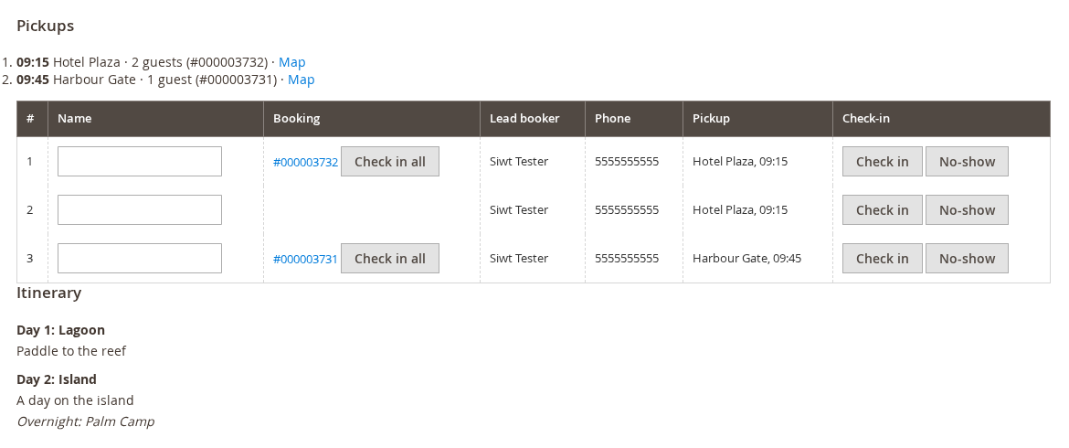 A manifest with a Pickups list (09:15 Hotel Plaza, 09:45 Harbour Gate, each with a Map link), a table with a Pickup column, and an Itinerary for Day 1 and Day 2 below