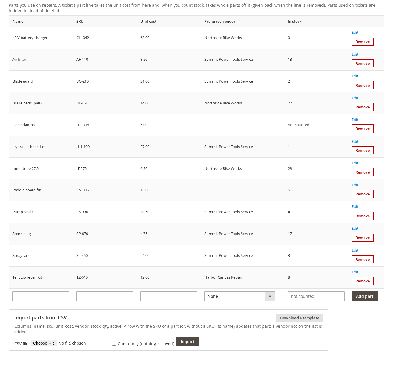 The Parts screen listing parts with SKU, unit cost, stock count and preferred vendor, with a Add part button, and below it Import parts from CSV with Download a template and Check only