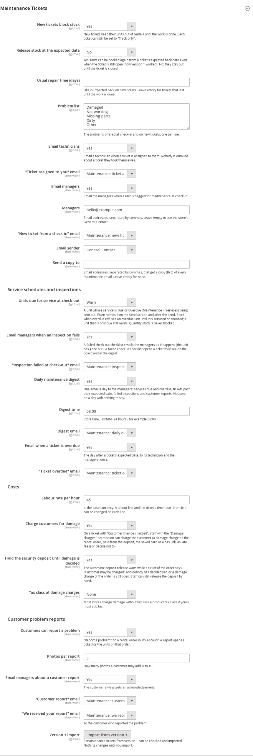 The Maintenance Tickets settings group: New tickets block stock, Release stock at the expected date, Usual repair time, Problem list, Email technicians, Email managers, Managers, Email sender, Send a copy to, then Service schedules and inspections, Costs and Customer problem reports