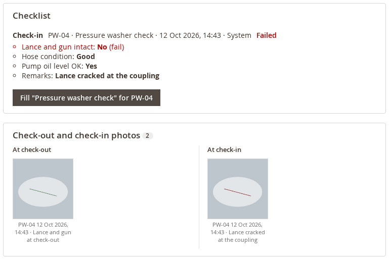 A pressure washer ticket: the Checklist card with the check-in answers of the pressure washer check, failed on Lance and gun intact, and the card with the photos taken at check-out and at check-in