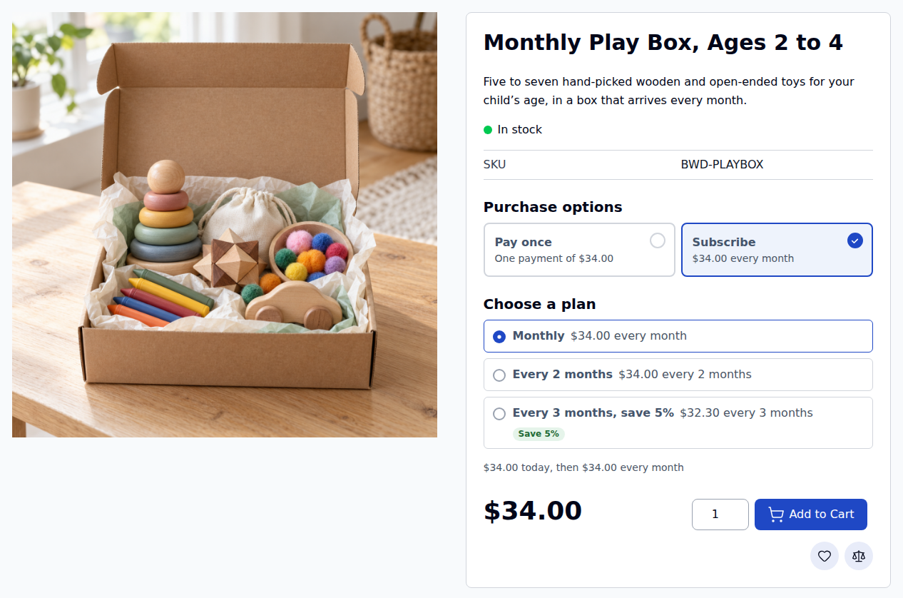 A product page on a Hyvä store: a monthly play box with Pay once and Subscribe, and three plans: monthly, every 2 months, and every 3 months with 5 percent off