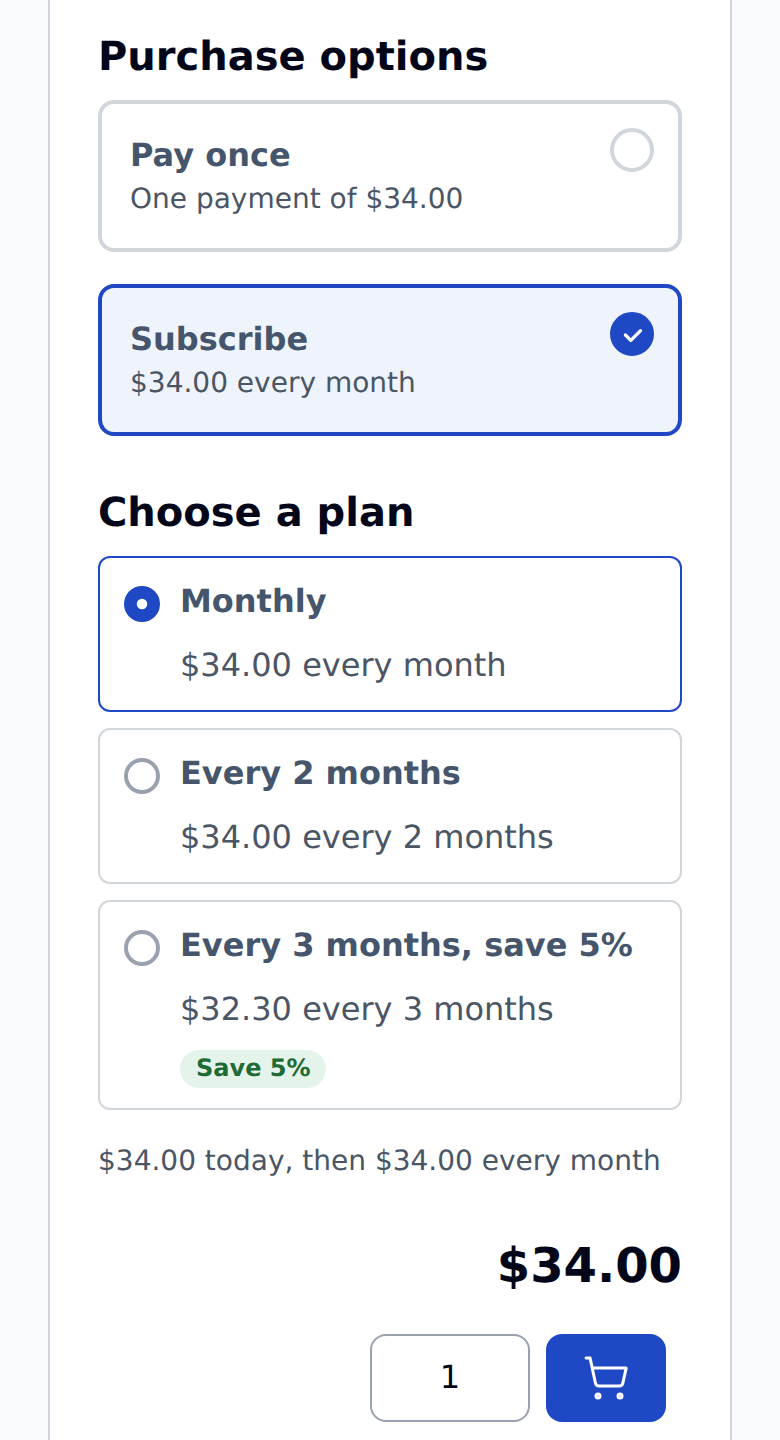 The play box on a phone: Pay once or Subscribe, three plan cards, and 34 dollars today then 34 dollars every month