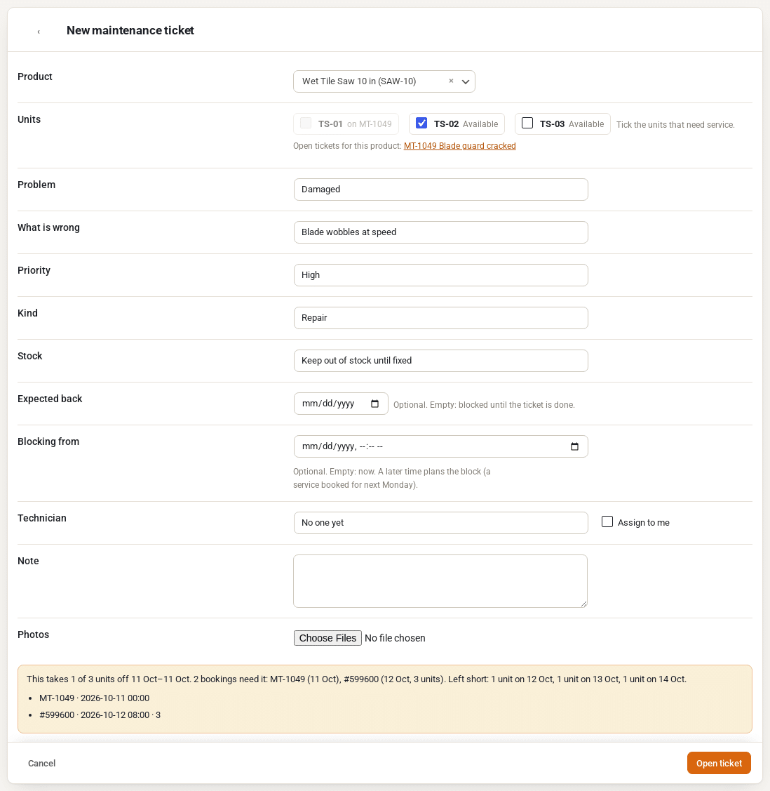 The New maintenance ticket screen for a wet tile saw with unit TS-02 ticked, Keep out of stock until fixed, and a warning that the block leaves bookings one saw short on the next three days