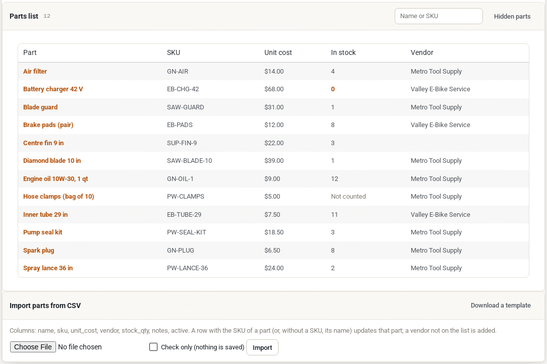 The Parts screen listing spare parts with their SKU, unit cost, stock count and vendor, and Import parts from CSV below