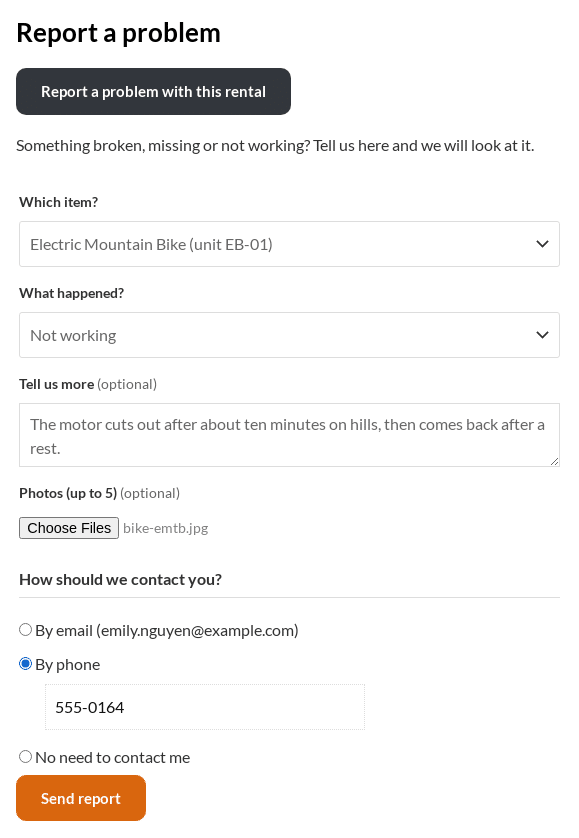 The Report a problem with this rental form on a customer’s order page: the unit, what happened, a description, a photo and how to be contacted