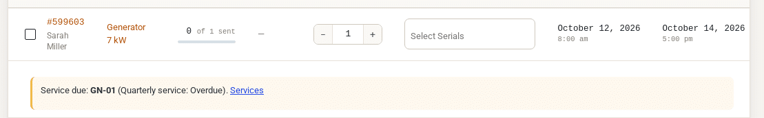 The Send screen with a generator booking going out tomorrow and the note Service due: GN-01 (Quarterly service: Overdue)